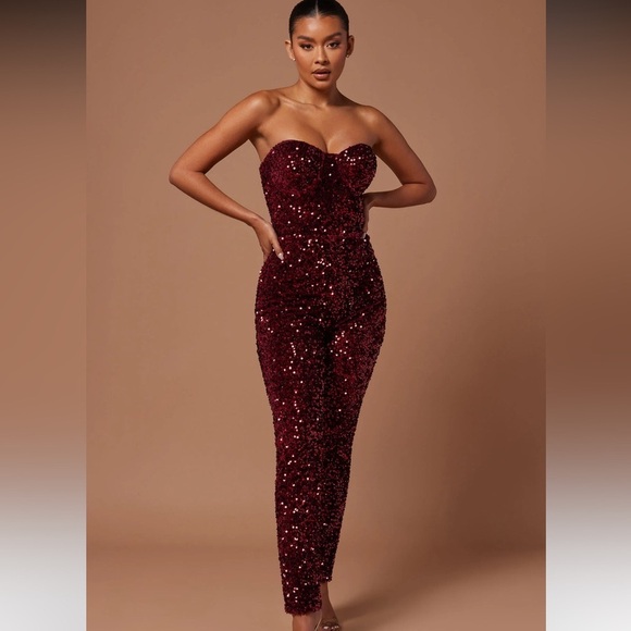 Sold Fashion Nova Isabeli Sequin Jumpsuit - Burgundy - Picture 2 of 12